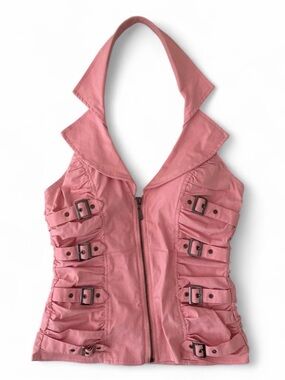 Pink Women's Halter Zip Front Vest with Buckle Details